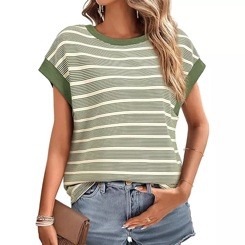 Summer Crew Neck Striped Knitted Loose Women's T-shirt