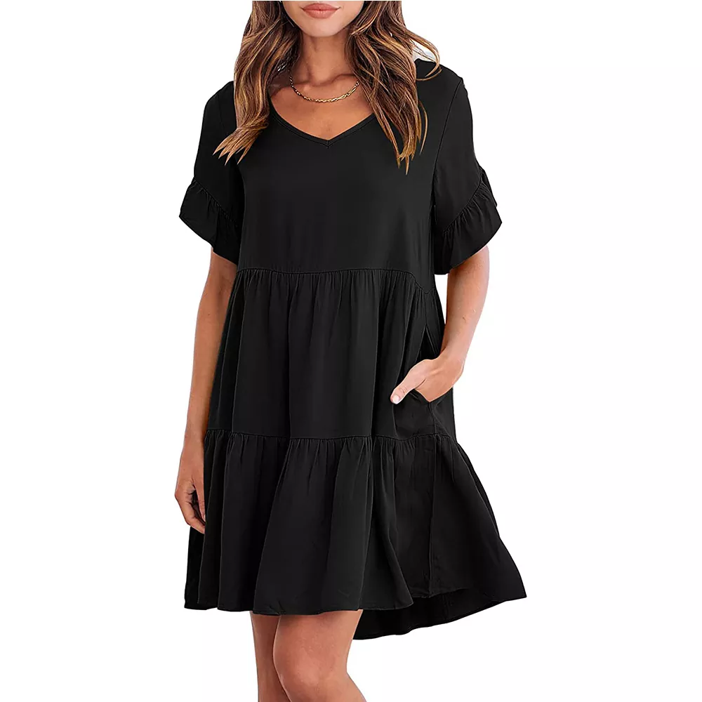 Casual V-neck Ruffled Lace Sleeve Mini Dress