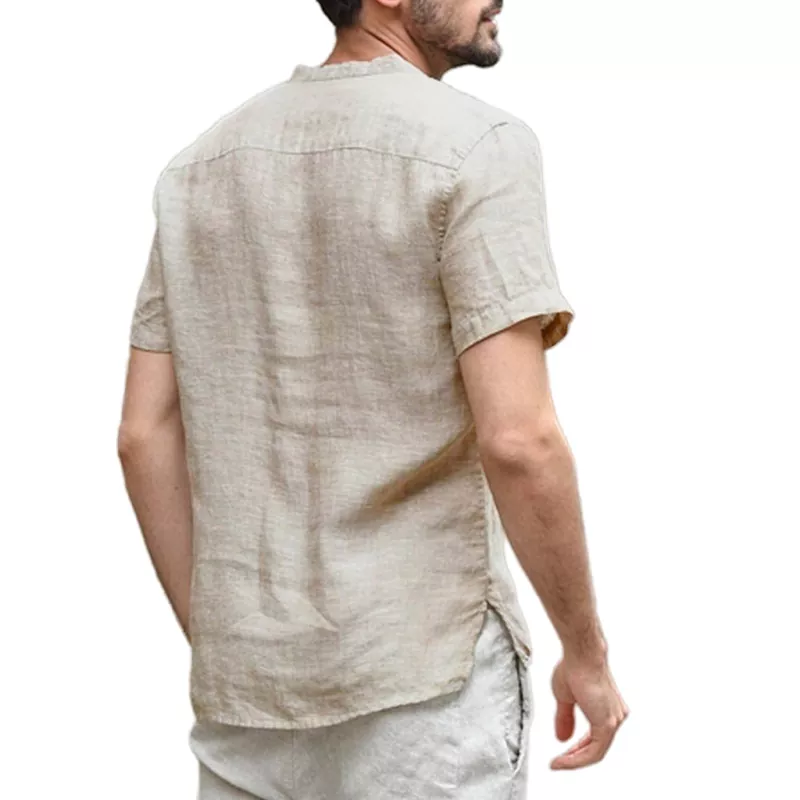 Men's Solid Standing Collar Short Sleeve Shirt
