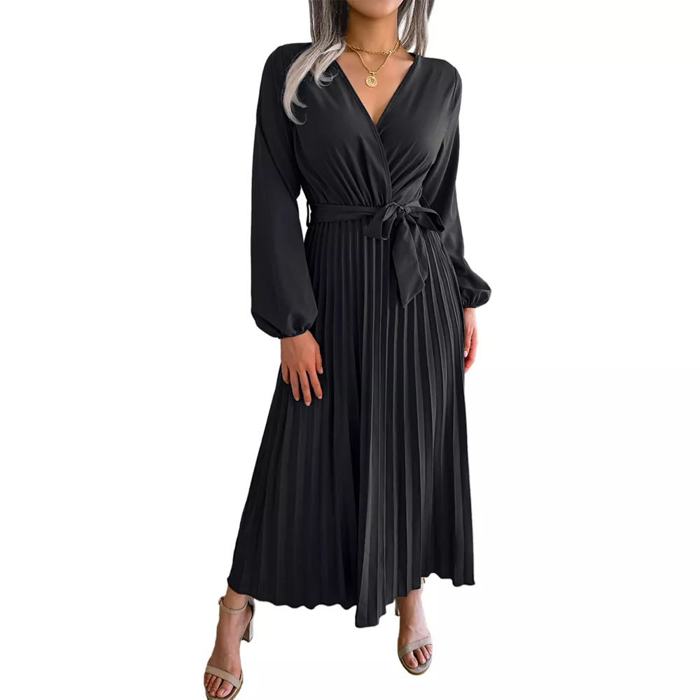 Pleated Hem V-Neck Maxi Dress