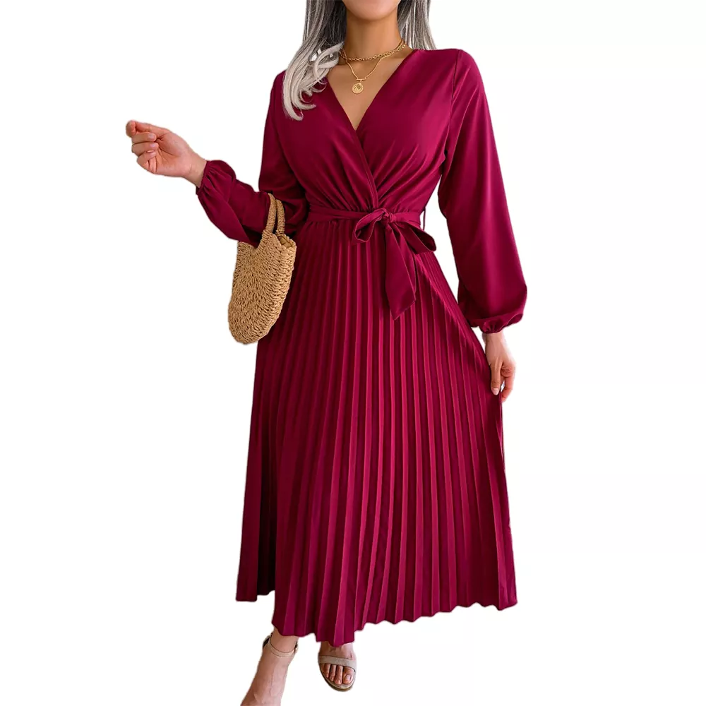 Pleated Hem V-Neck Maxi Dress
