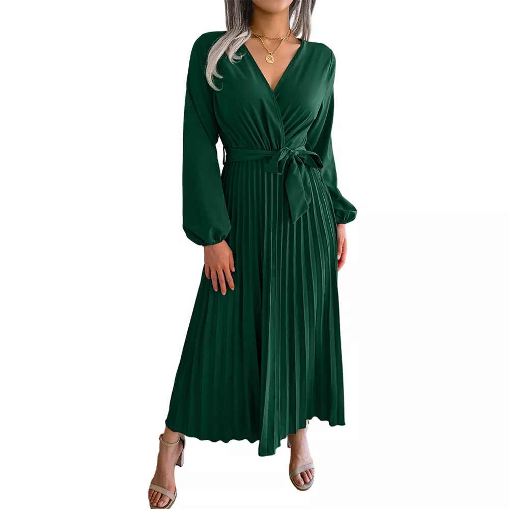 Pleated Hem V-Neck Maxi Dress