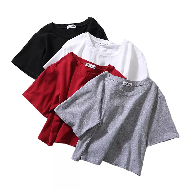เสื้อยืดผู้หญิงอเนกประสงค์สั้นฤดูร้อนสีทึบ